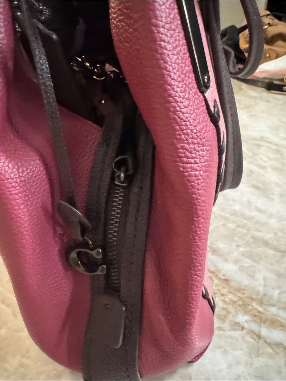 Coach Pink Pebbled Leather Tote with Dark Brown Handles - Picture 5 of 12